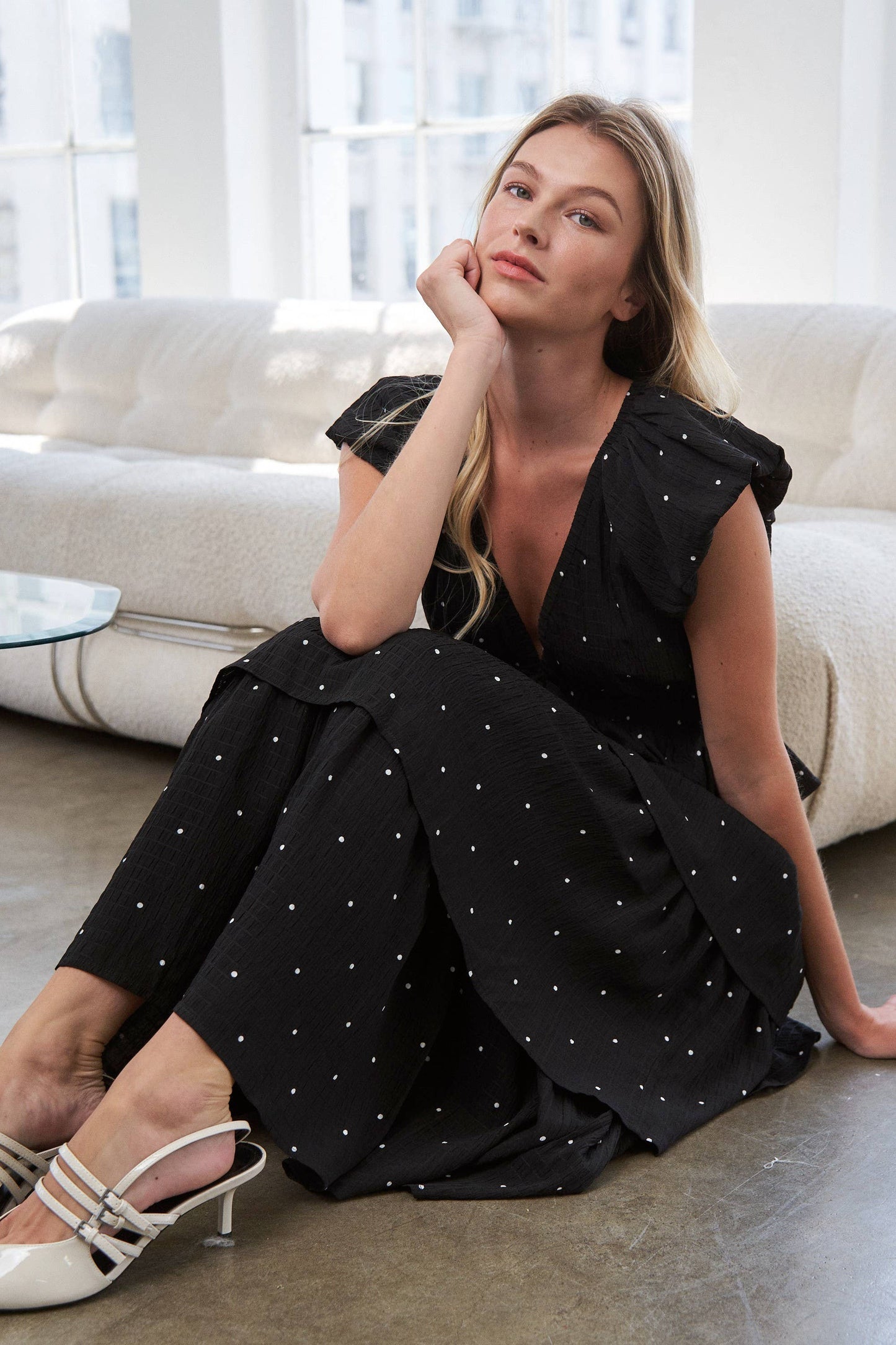 Black V-Neck Polka Dot Tiered Midi Dress