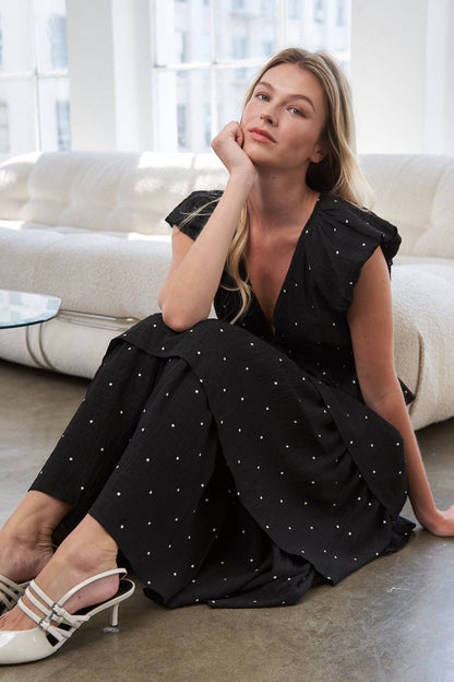 Black V-Neck Polka Dot Tiered Midi Dress