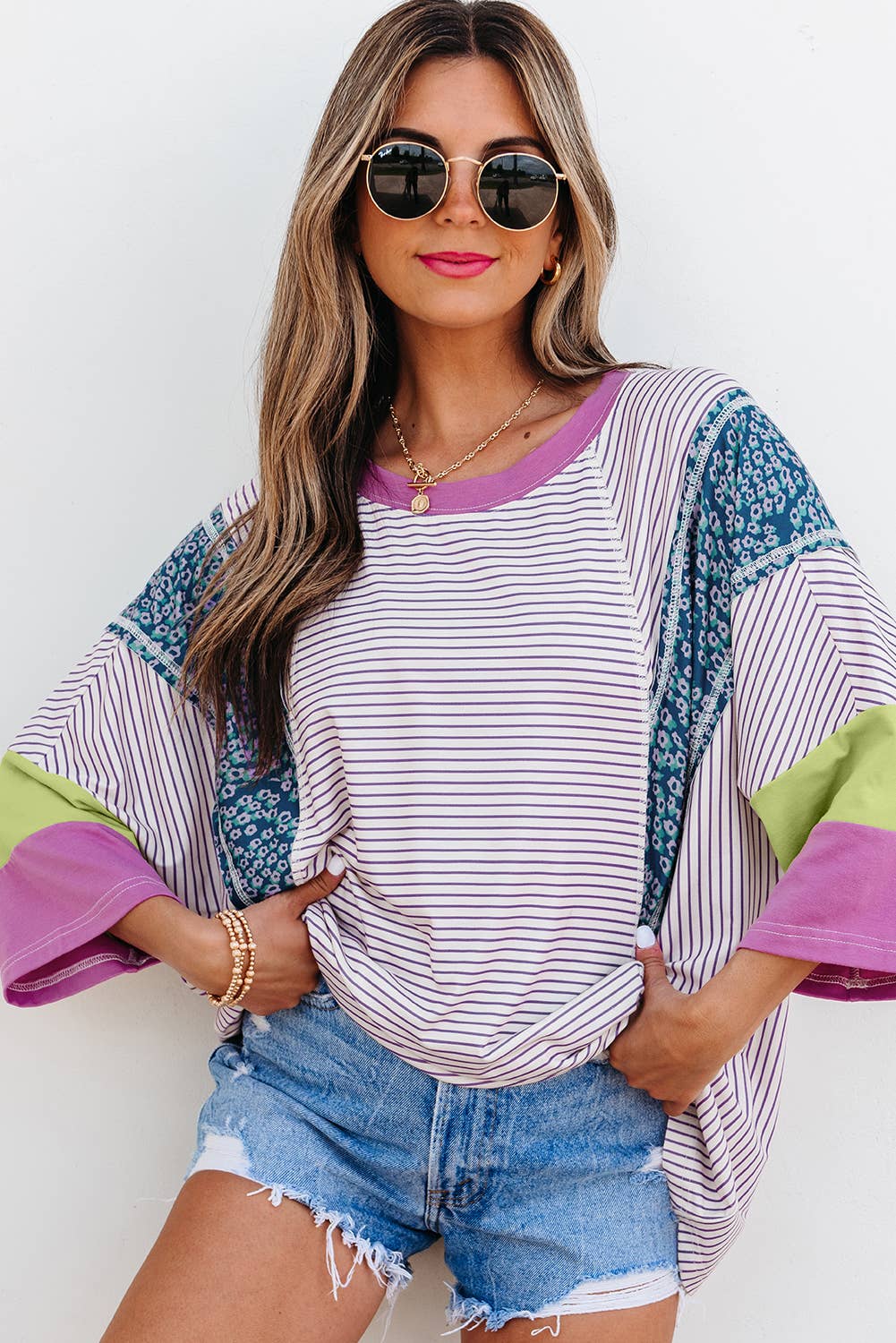 Stripe Floral Raw Edge Patchwork Bracelet Sleeve Tee