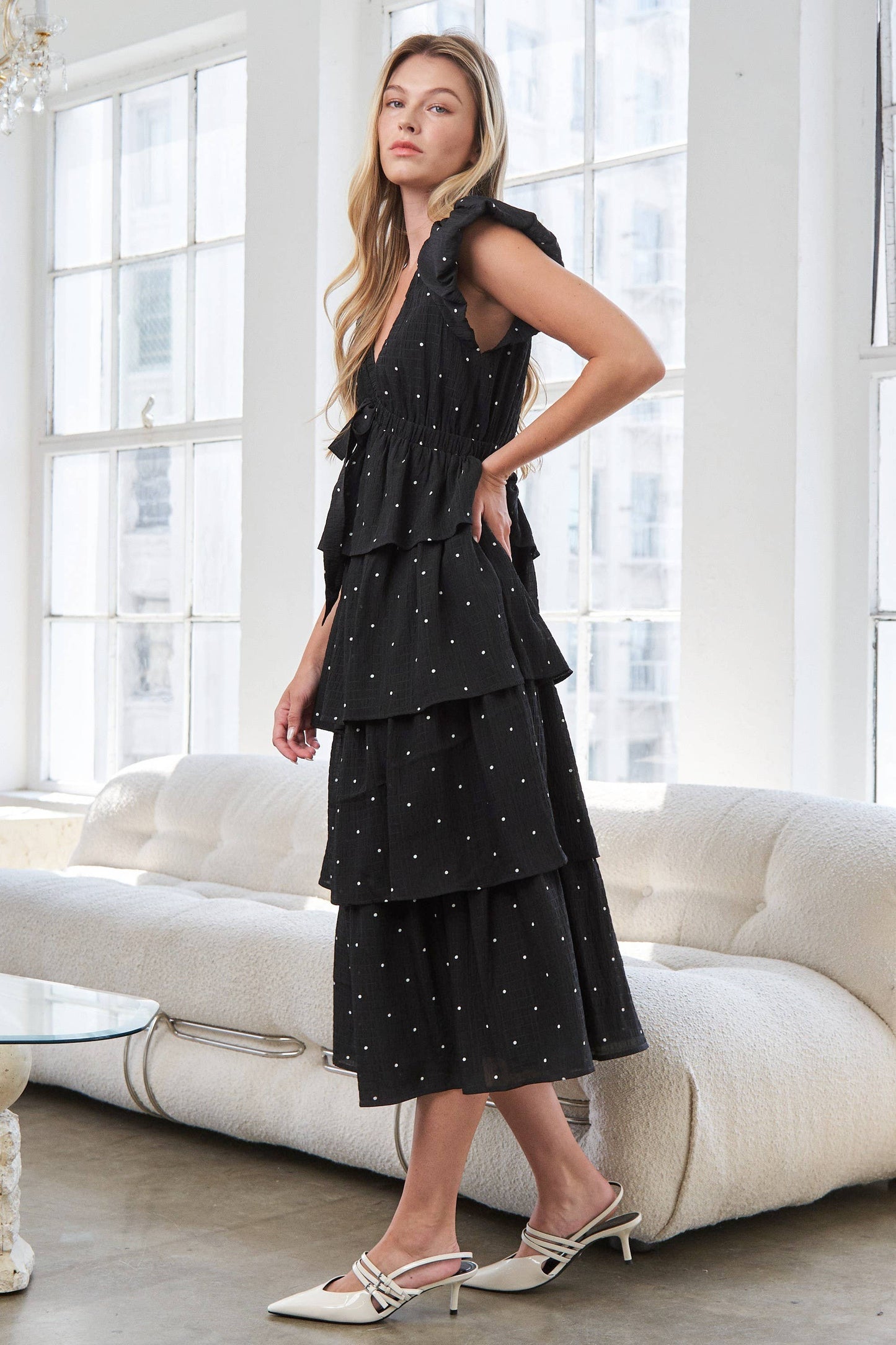 Black V-Neck Polka Dot Tiered Midi Dress